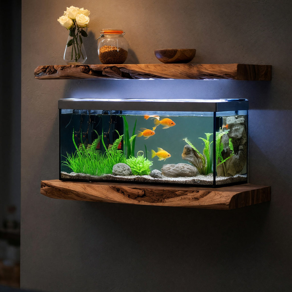 Solid Wood Aquarium Stand Cozy Living Room Rustic Floating Shelf