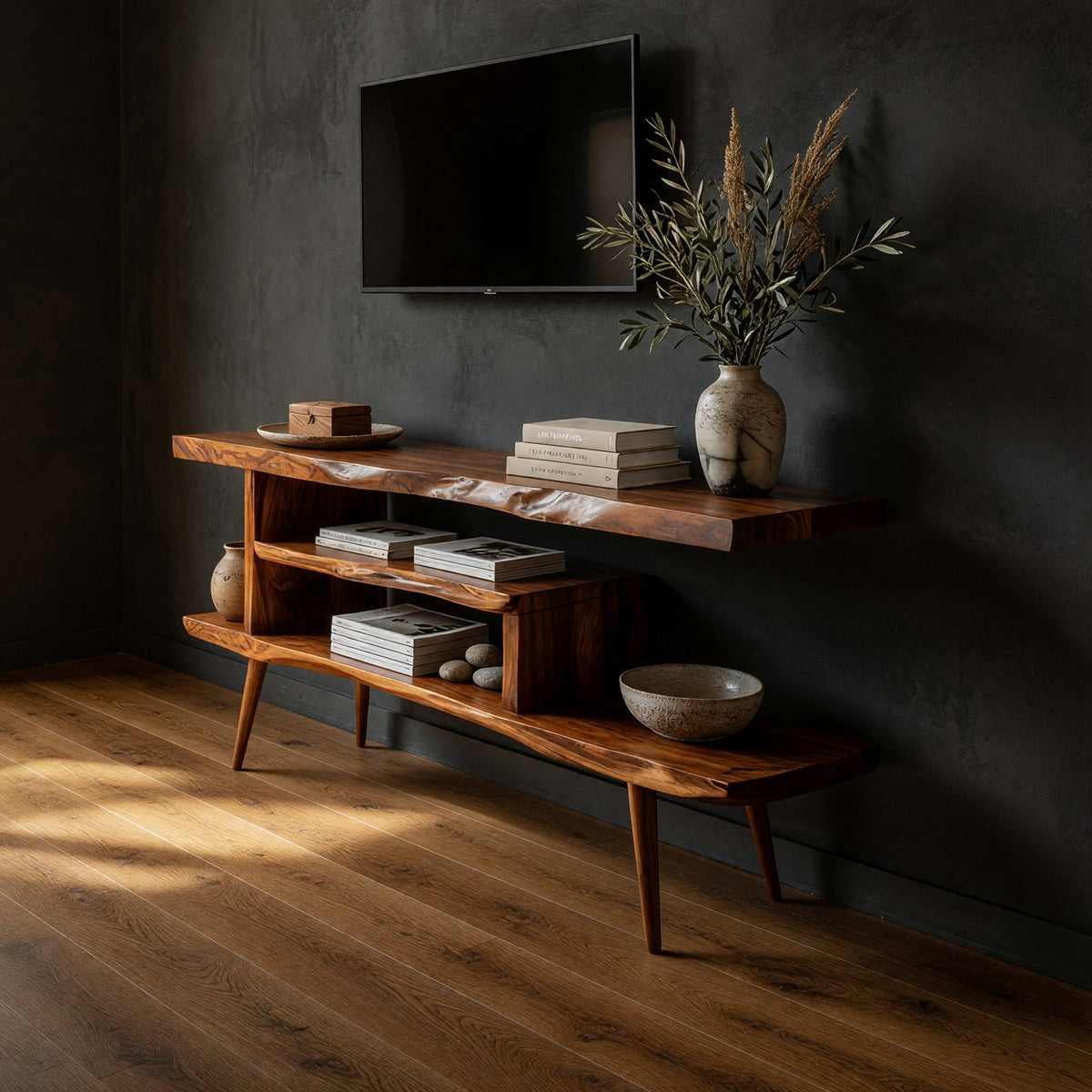Live Edge Media Console, Stepped Shelves, Tapered Legs