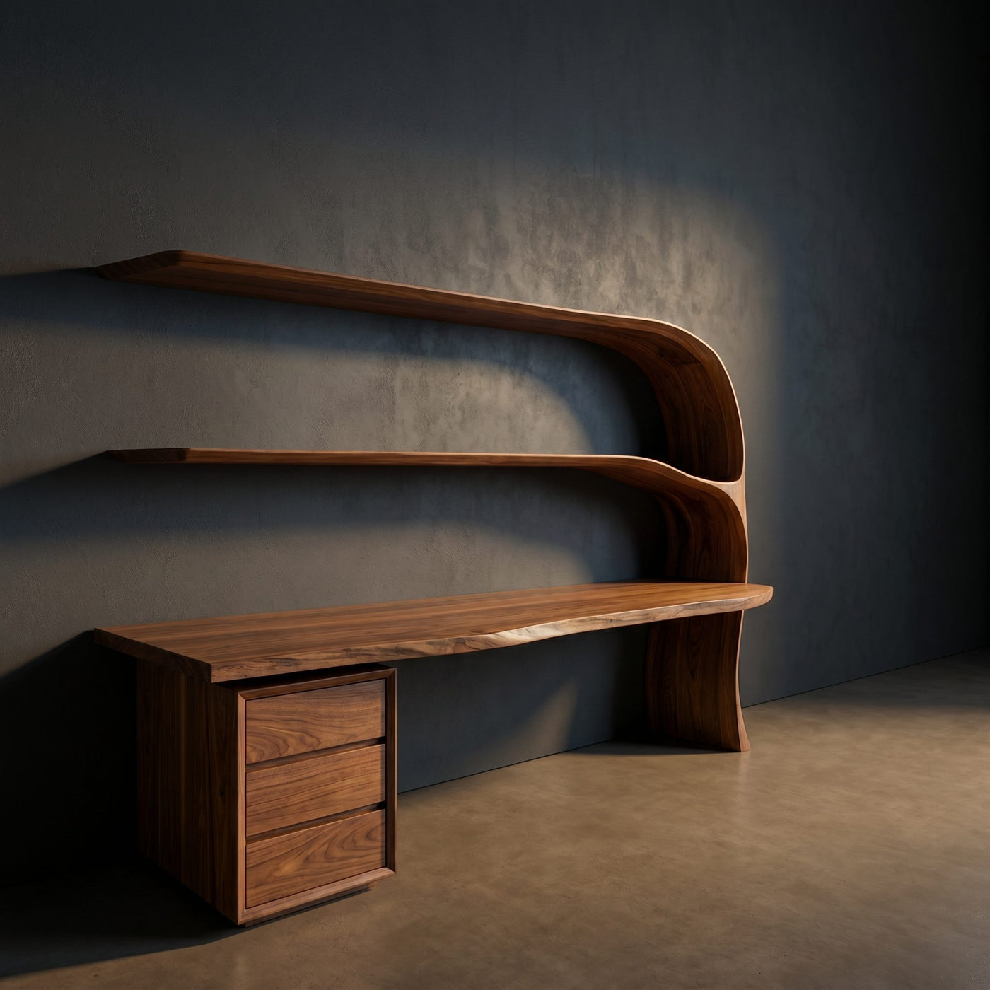 Organic Desk With Curved Shelf And Drawer For Study Room