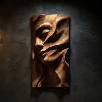 Gouge-Carved Woman's Face, Sculpted Teak Wall Relief — view 1