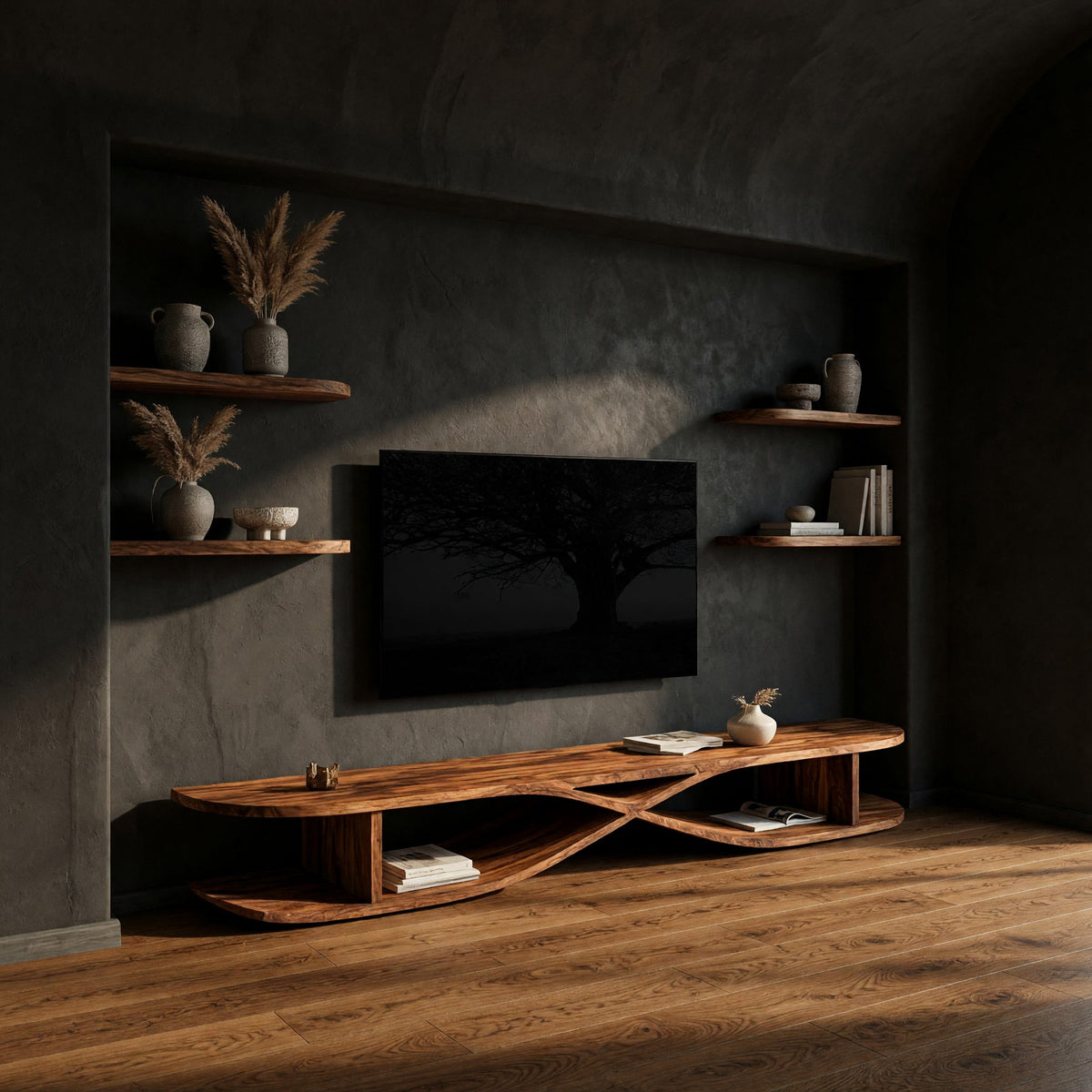 Low TV Console for a Wide Wall in an Open Living Room