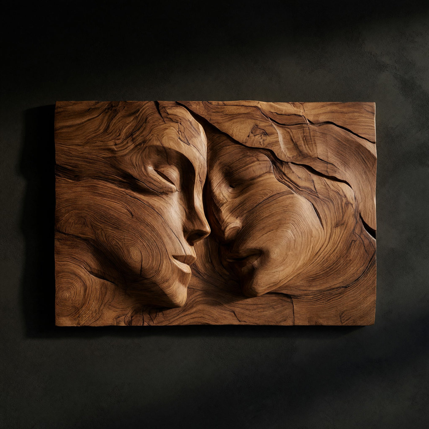 Hushfall Twin Face Wood Wall Sculpture in Deep Relief