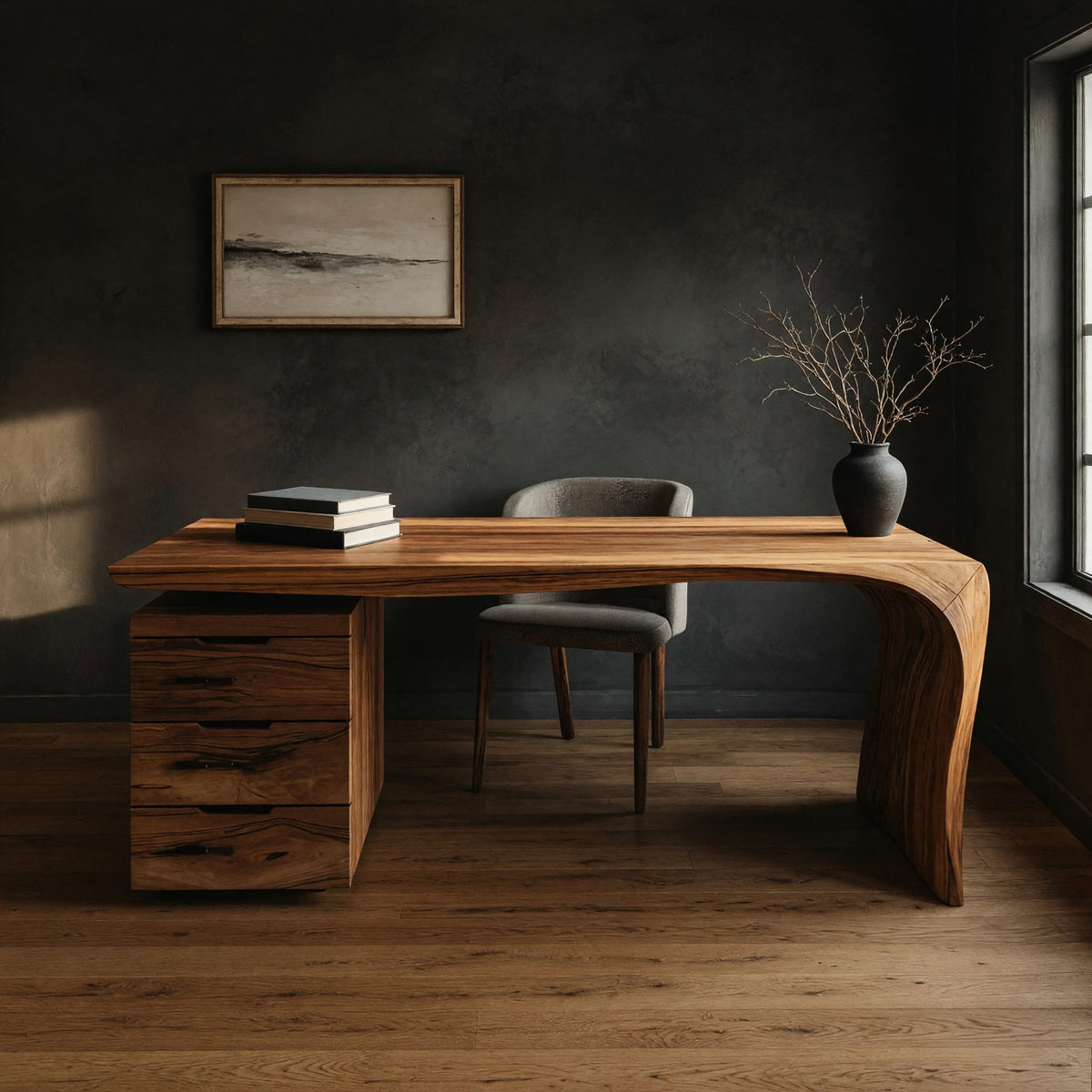 Waterfall-Leg Desk with a Three-Drawer Pedestal