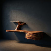 Rustic Wooden Desk With Sculptural Shelving And Drawer For Workspace