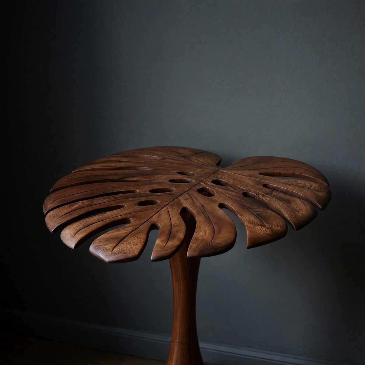 Sculptural Wood Side Table With Leaf Shape Top For Living