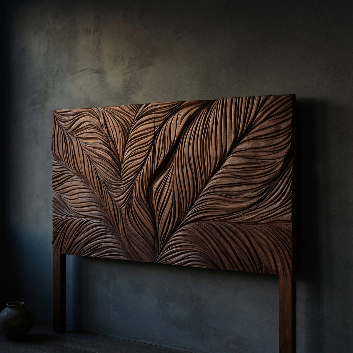 Solid Wood Headboard Leaf Relief Minimal Bedroom