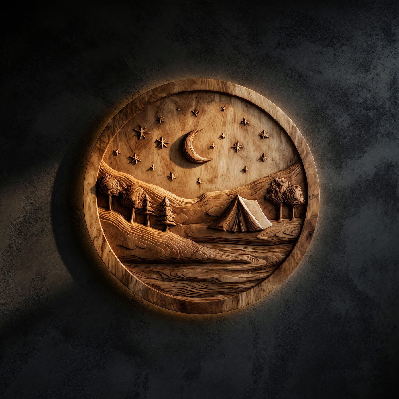Moonlit Campsite Held in a Round Wood Wall Relief
