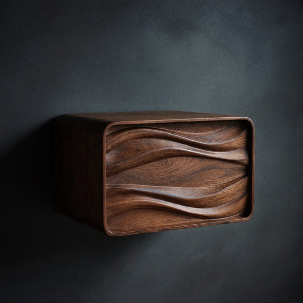 Solid Wood Nightstand Sculptural Floating Bedside Table Bedroom
