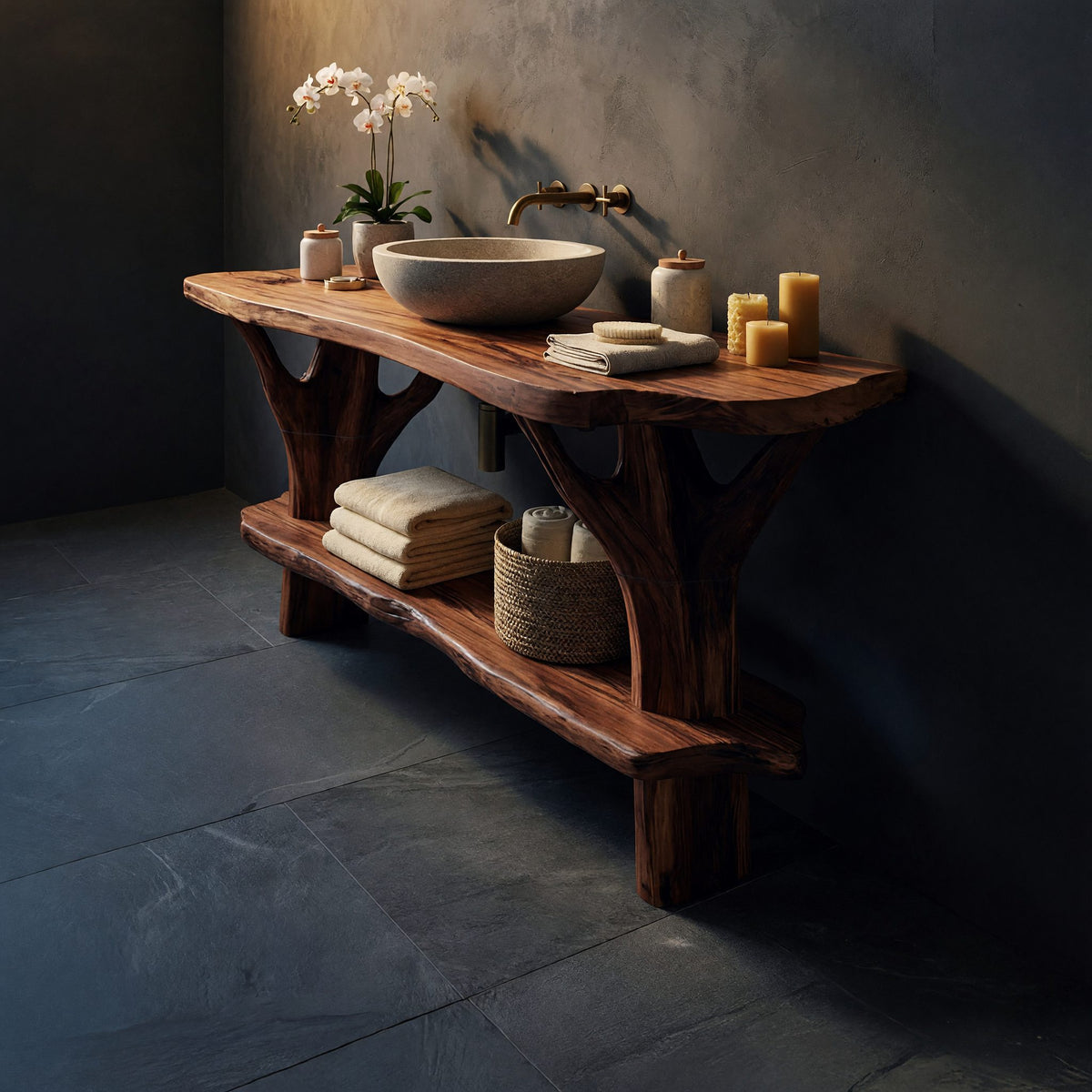 Solid Wood Live Edge Vanity Mid Century Bathroom Primary Bathroom