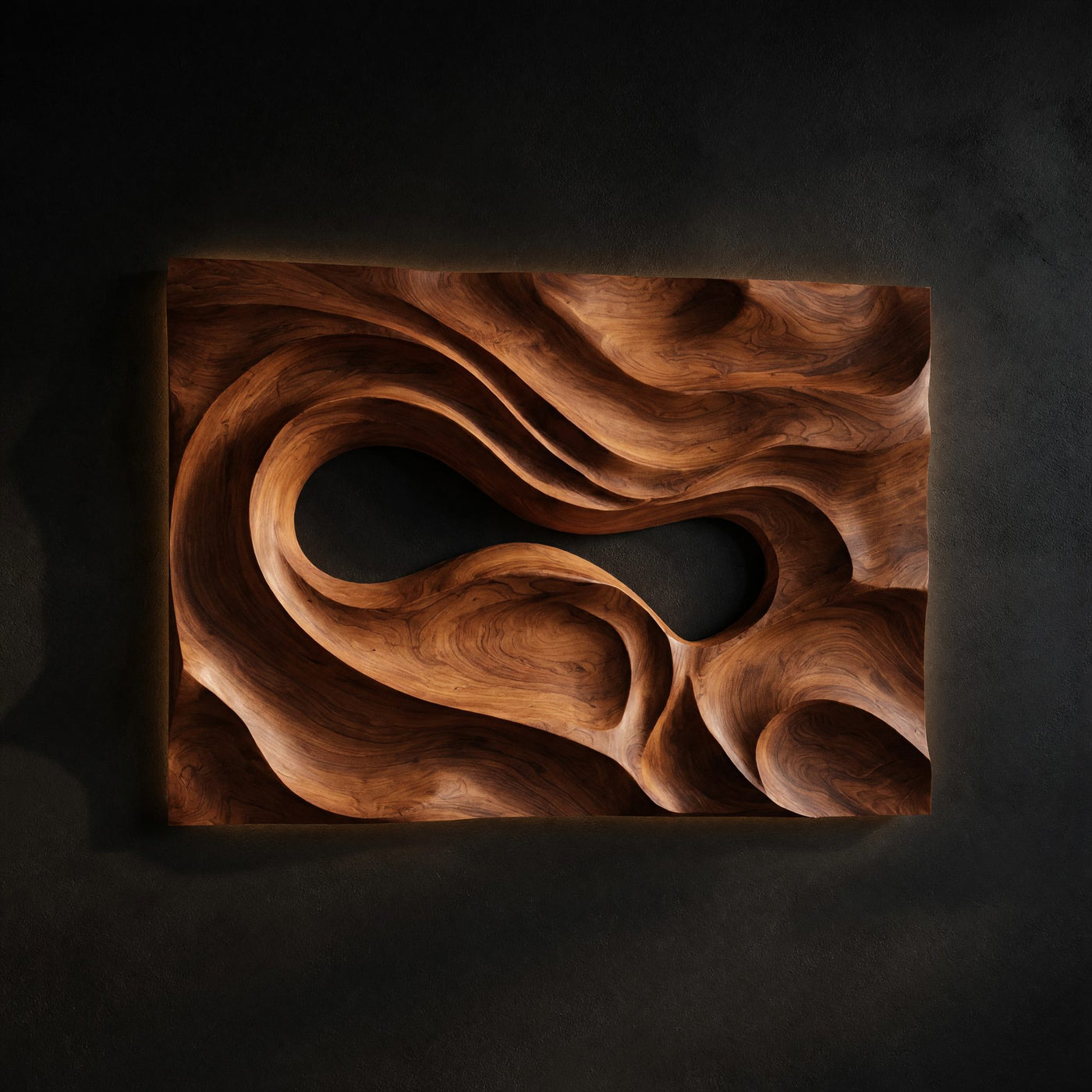 Solid Walnut Carved Into One Turning Current, Wall Relief