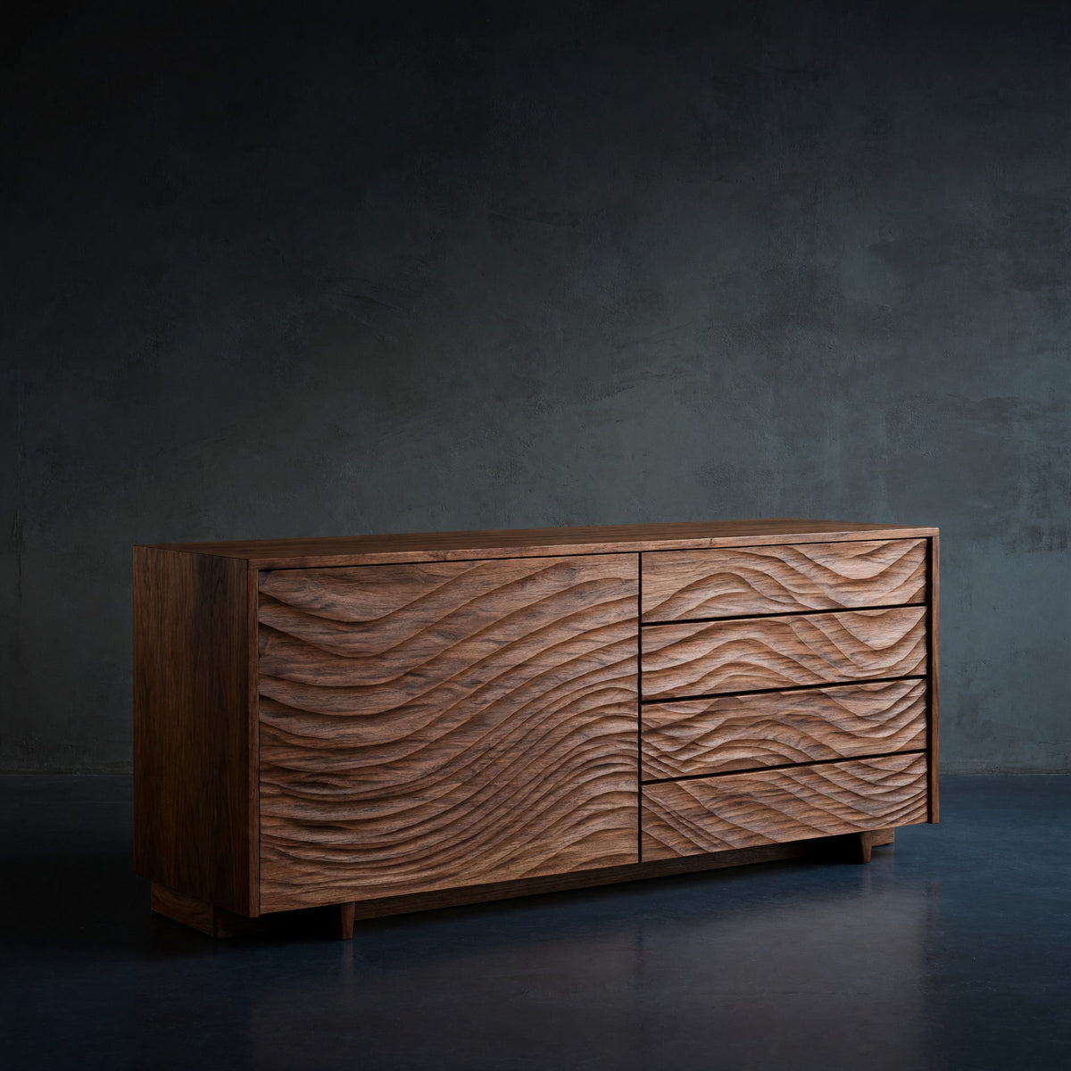 Solid Wood Sideboard With Sculpted Wave Doors Modern