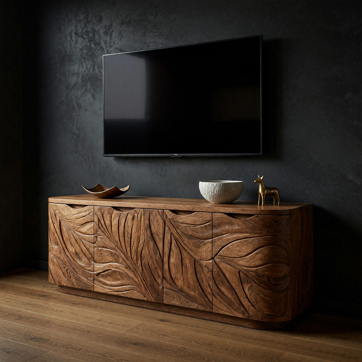 Hand-Carved Leaf Front Media Console, Four Doors