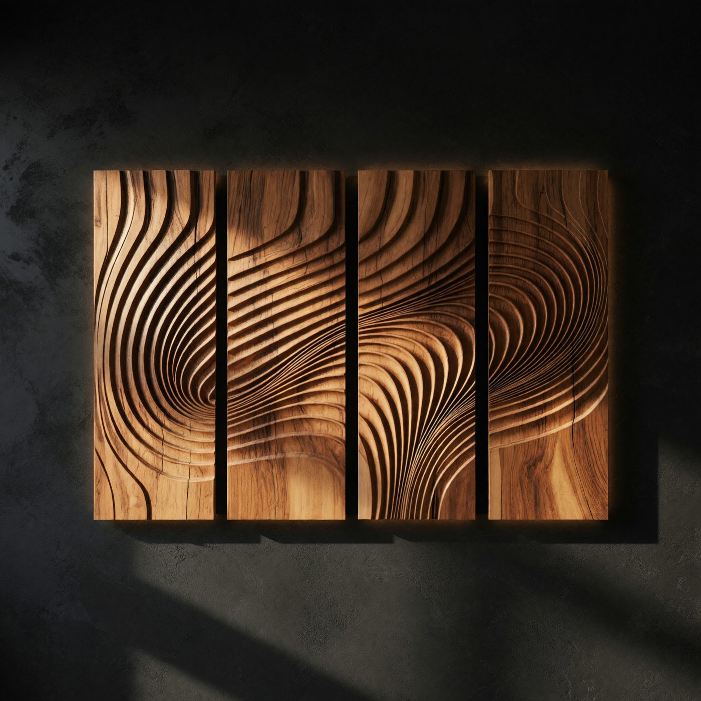 Chisel-Cut Ripples Across Four Wood Wall Panels