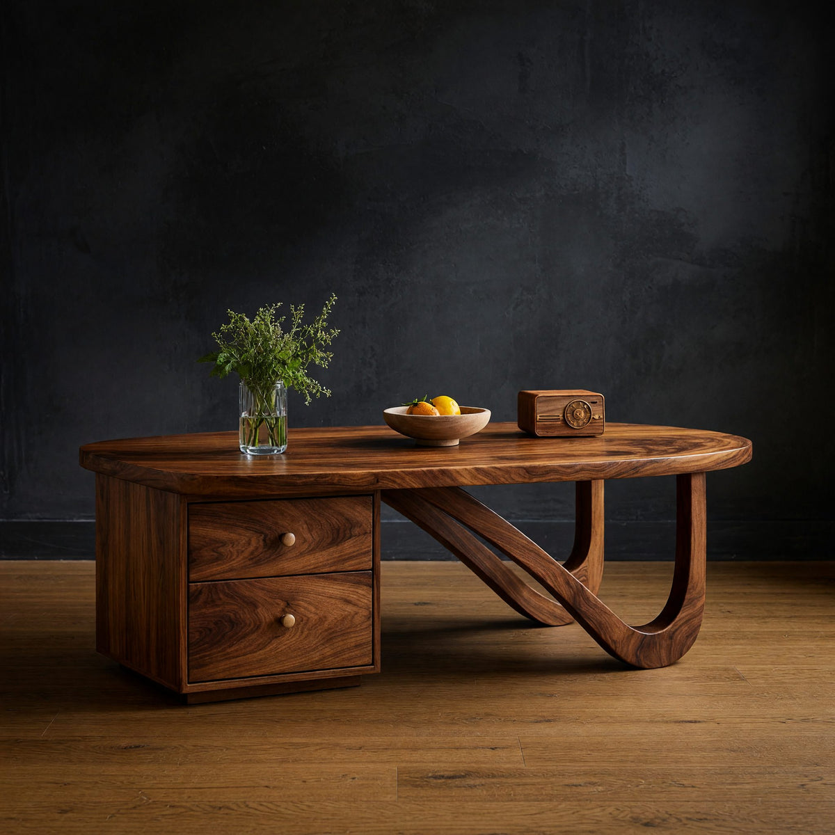 Two-Drawer Oval Coffee Table, Made to Order in Solid Wood
