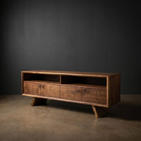 Rustic Wood Tv Cabinet With Sculptural Display Shelves For Home, view 2