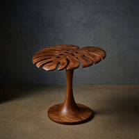 Sculptural Wood Side Table With Leaf Shape Top For Living, view 2