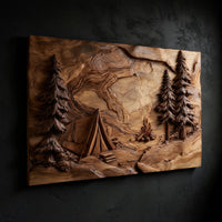 Campfire and Pines Carved Hardwood Wall Art Panel, view 2 — view 2