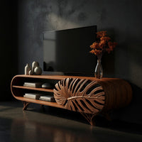 Hand Carved Monstera Leaf Door on a Wood TV Cabinet, view 2