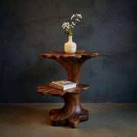 Solid Wood Nightstand Artistic Two Tier Sculptural Base Bedroom, view 2