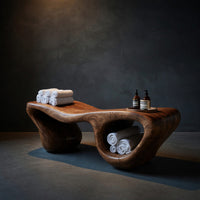 Solid Wood Teak Shower Bench Wave Carved Double Storage Bathroom, view 2