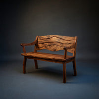 Solid Wood Outdoor Garden Bench With Wave Carved Backrest Exterior, view 2
