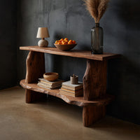 Solid Wood Standing Shelf Mid Century Live Edge Living Room Storage, view 2