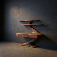 Floating Wooden Desk With Curved Upper Shelf Frame For Workspace, view 2