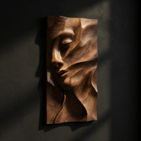 Gouge-Carved Woman's Face, Sculpted Teak Wall Relief, view 2 — view 2