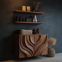 Solid Wood Corner Wall Bathroom Shelf Cabinet Symmetrical Carved Doors, view 2