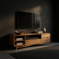 Warm Oak Media Console with Open Shelves and Drawers, view 2
