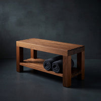 Solid Wood Teak Shower Bench Minimalist With Storage Shelf Bathroom, view 2