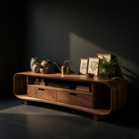 Rolling Curve Walnut Media Console with Two Drawers, view 2