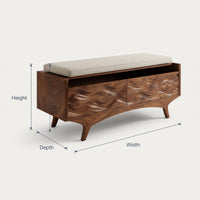 Solid Wood Entryway Storage Bench Coastal Wave Carved, view 3