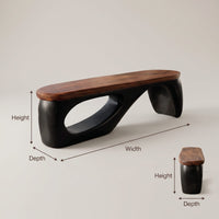 Organic Wooden Bench With Curved Black Base For Home, view 3