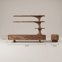 Rustic Wood Tv Cabinet With Sculptural Display Shelves For Home, view 3