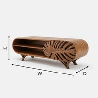 Hand Carved Monstera Leaf Door on a Wood TV Cabinet, view 3