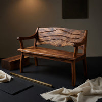 Solid Wood Outdoor Garden Bench With Wave Carved Backrest Exterior, view 4