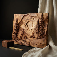 Campfire and Pines Carved Hardwood Wall Art Panel, view 4 — view 4