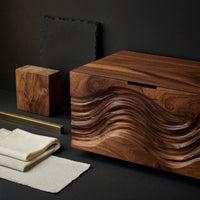 Solid Wood Nightstand Floating With Wave Carved Front Bedroom, view 4