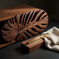 Hand Carved Monstera Leaf Door on a Wood TV Cabinet, view 4