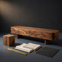 Rustic Wood Tv Cabinet With Sculptural Display Shelves For Home, view 4