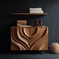 Solid Wood Corner Wall Bathroom Shelf Cabinet Symmetrical Carved Doors, view 4