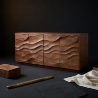 Solid Wood Sideboard Sculptural With Wave Carved Front Living Room, view 4