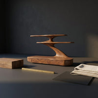 Floating Wooden Desk With Curved Upper Shelf Frame For Workspace, view 4
