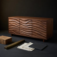 Solid Wood Sideboard With Carved Wave Design Statement Living Space, view 4