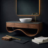Solid Wood Bathroom Vanity Luxury Cabinet With Undulating Open Shelf Bath, view 4