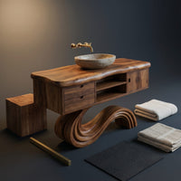 Solid Wood Bathroom Vanity Curved With Open Storage, view 4