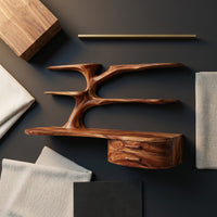 Rustic Wooden Desk With Sculptural Shelving And Drawer For Workspace, view 4