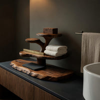 Solid Wood Corner Wall Bathroom Shelf Luxury Curved Tiered Stand, view 4