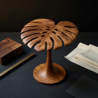 Sculptural Wood Side Table With Leaf Shape Top For Living, view 4